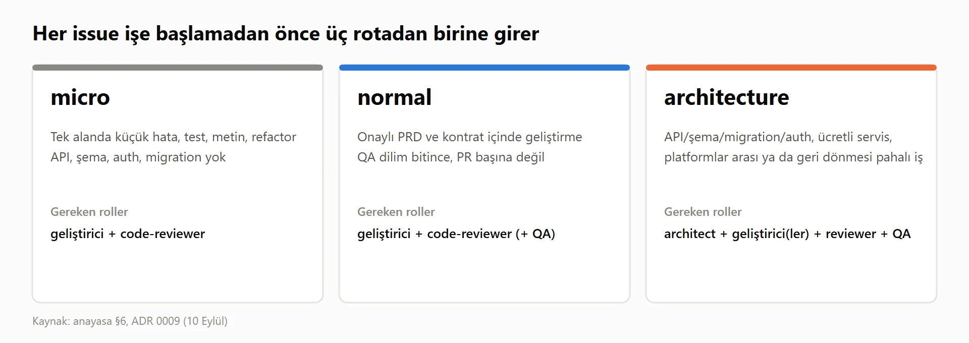 Üç çalışma rotası ve her birinin gerektirdiği roller.